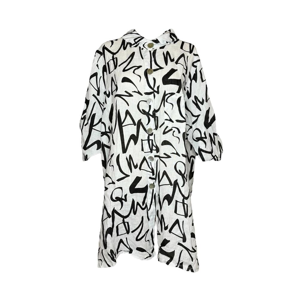 Women's White Linen Shirt Button Up Size L Black Script Made in Italy